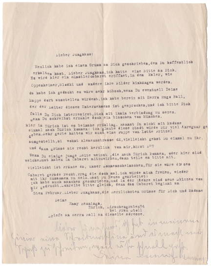 Emmy Hennings, Brief an Reinhold Rudolf Junghanns, 1916
